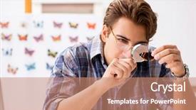  Presentation with student - Colorful slides enhanced with magnifying glass butterfly - student entomologist studying new species backdrop and a coral colored foreground