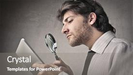  Presentation with contract conferences - Colorful slide deck enhanced with magnifying glass computer - businessman reading a contract backdrop and a gray colored foreground