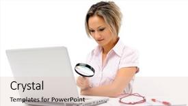  Presentation with office - Amazing slide set having magnifying glass computer - young businesswoman at the office backdrop and a  colored foreground