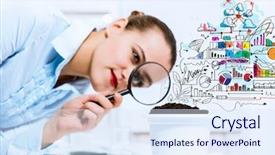  Presentation with sprout - Audience pleasing PPT layouts consisting of magnifying glass data - young businesswoman looking at drawn backdrop and a sky blue colored foreground