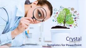  Presentation with sprout - Cool new PPT layouts with magnifying glass data - young businesswoman looking at drawn backdrop and a  colored foreground