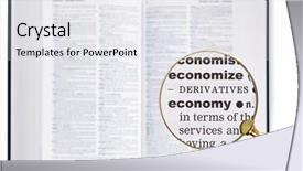  Presentation with dictionary - Cool new PPT layouts with magnifying glass held over a dictionary looking at the word economy enlarged backdrop and a white colored foreground