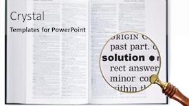  Presentation with looking glass - Cool new slide deck with magnifying glass held over a dictionary looking at the word solution enlarged backdrop and a white colored foreground