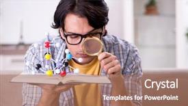  Presentation with exam - Colorful slide deck enhanced with magnifying glass house - young student physicist preparing backdrop and a coral colored foreground