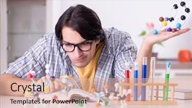  Presentation with exam - Colorful PPT theme enhanced with magnifying glass house - young student physicist preparing backdrop and a coral colored foreground