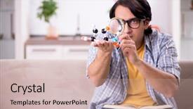  Presentation with test exam student - Audience pleasing PPT theme consisting of magnifying glass house - young student physicist preparing backdrop and a soft green colored foreground