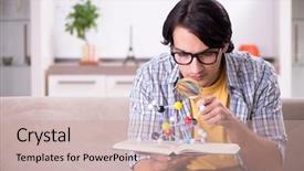  Presentation with test exam student - Slide set featuring magnifying glass house - young student physicist preparing background and a coral colored foreground