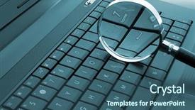  Presentation with cyber stalking computer laptop suffering - Slide deck having magnifying glass on laptop computer background and a ocean colored foreground