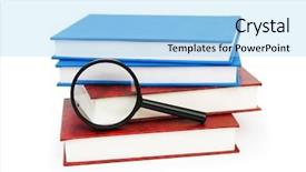  Presentation with tan book stack stacks of books - Beautiful presentation theme featuring magnifying glass over the stack backdrop and a light blue colored foreground