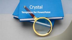  Presentation with stack books - PPT theme with magnifying glass over the stack background and a teal colored foreground