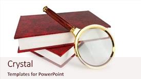  Presentation with tan book stack stacks of books - Colorful slides enhanced with magnifying glass over the stack backdrop and a  colored foreground