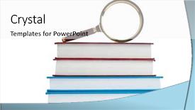  Presentation with tan book stack stacks of books - PPT theme with magnifying glass over the stack background and a white colored foreground