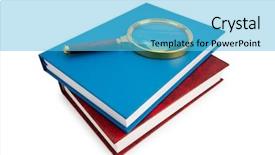  Presentation with tan book stack stacks of books - Presentation theme featuring magnifying glass over the stack background and a  colored foreground