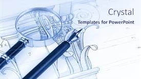  Presentation with fountain pen - Slide set with magnifying glass vintage fountain pen architectural drawing - detail column background and a sky blue colored foreground