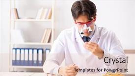  Presentation with working - PPT theme with magnifying glasses - young handsome doctor oculist working background and a  colored foreground