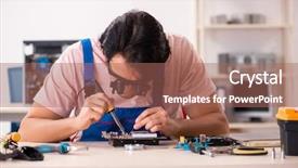  Presentation with computer science google crawler - Slides featuring magnifying glasses - young male contractor repairing computer background and a coral colored foreground