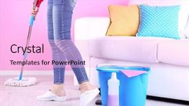  Presentation with room cleaning - Colorful presentation theme enhanced with house maid - cleaning floor in room close-up backdrop and a lavender colored foreground