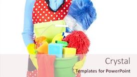  Presentation with house maid - Slide deck with maid hands with cleaning tools house cleaning service concept background and a lemonade colored foreground