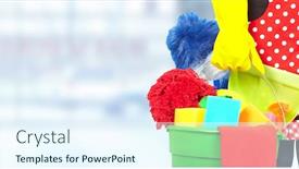  Presentation with house maid - Colorful PPT theme enhanced with maid hands with cleaning tools house cleaning service concept backdrop and a sky blue colored foreground