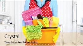  Presentation with house maid - Presentation theme consisting of maid hands with cleaning tools house cleaning service concept background and a yellow colored foreground