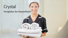  Presentation with hotel housekeeping - Slides consisting of maid in uniform during housekeeping background and a light gray colored foreground