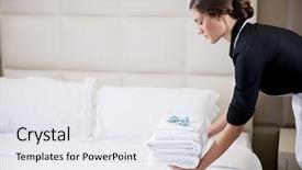  Presentation with bed hotel - Audience pleasing slide deck consisting of maid making bed in hotel backdrop and a white colored foreground