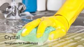  Presentation with preschool hand wash - Beautiful PPT theme featuring maid service - hand with sponge washes sink backdrop and a  colored foreground