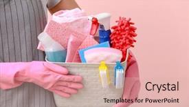  Presentation with cleaning service - Cool new slide deck with maid service - woman holding basket with cleaning backdrop and a lemonade colored foreground