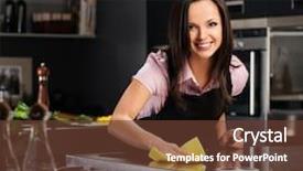  Presentation with cleaning - Slide set enhanced with maid service - young cheerful woman cleaning modern background and a tawny brown colored foreground