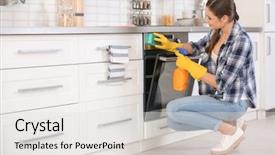  Presentation with cleaning - Colorful PPT theme enhanced with maid service - young woman cleaning oven backdrop and a  colored foreground