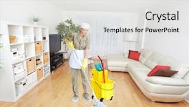  Presentation with house maid - Theme having maid woman with mop house background and a light gray colored foreground