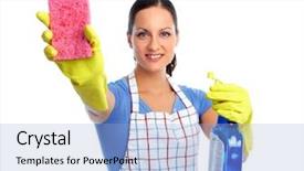  Presentation with house maid - Theme with maid woman with sponge and spray house cleaning service concept background and a light blue colored foreground