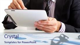  Presentation with article - Slide set featuring mail article - businessman using a tablet computer background and a  colored foreground