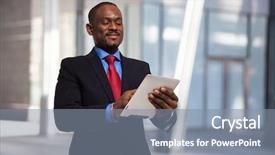  Presentation with compute - Slide set with mail article - businessman using his tablet compute background and a gray colored foreground