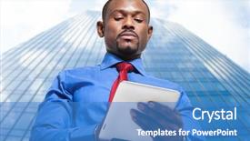  Presentation with article - Amazing PPT theme having mail article - businessman using his tablet computer backdrop and a  colored foreground