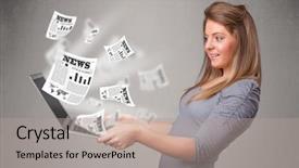  Presentation with notebook paper pieces of ready - Colorful presentation design enhanced with mail article - casual pretty young woman holdin backdrop and a coral colored foreground