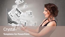  Presentation with notebook paper pieces of ready - Presentation design enhanced with mail article - casual pretty young woman holdin background and a coral colored foreground