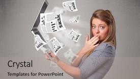  Presentation with news - Amazing PPT theme having mail article - casual pretty young woman holdin backdrop and a light gray colored foreground