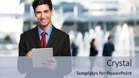  Presentation with computer - Beautiful presentation featuring mail article - handsome man using his tablet backdrop and a  colored foreground