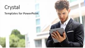  Presentation with digital claims - Beautiful theme featuring mail article - young manager using a digital backdrop and a  colored foreground