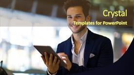  Presentation with using digital tablet - Audience pleasing slide deck consisting of mail article - young manager using a digital backdrop and a tawny brown colored foreground