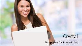  Presentation with computer - PPT theme featuring mail delivery - beautiful young woman holding background and a  colored foreground