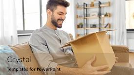  Presentation with mail - PPT theme featuring mail-delivery-shipment-and-people background and a coral colored foreground