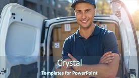  Presentation with delivery van - Slide deck featuring mail distrobution - smiling delivery man standing background and a ocean colored foreground