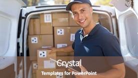  Presentation with delivery van - PPT layouts enhanced with mail distrobution - smiling delivery man standing background and a coral colored foreground