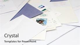  Presentation with bills - PPT layouts enhanced with mail letter - pile of envelops and postcards background and a sky blue colored foreground