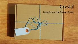  Presentation with empty of wood table top - Slide deck enhanced with mail package parcel on wooden background and a gold colored foreground