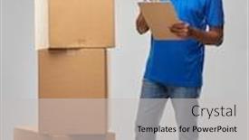  Presentation with mail - Amazing PPT theme having mail-service-and-shipment-concept backdrop and a light gray colored foreground