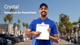  Presentation with mail - Presentation design featuring mail service shipment concept happy indian delivery man clipboard blue uniform venice beach background california background and a teal colored foreground