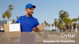  Presentation with mail - Audience pleasing slide set consisting of mail service shipment concept happy indian delivery man parcel box clipboard blue uniform venice beach background california backdrop and a coral colored foreground